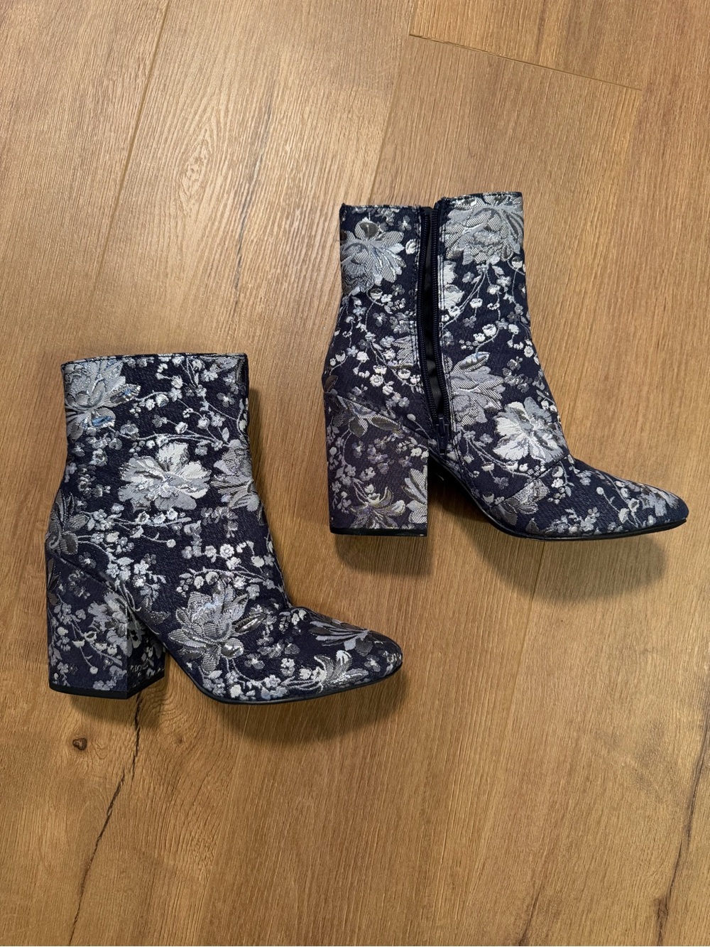 Floral Jacquard Ankle Boots - Navy and Silver